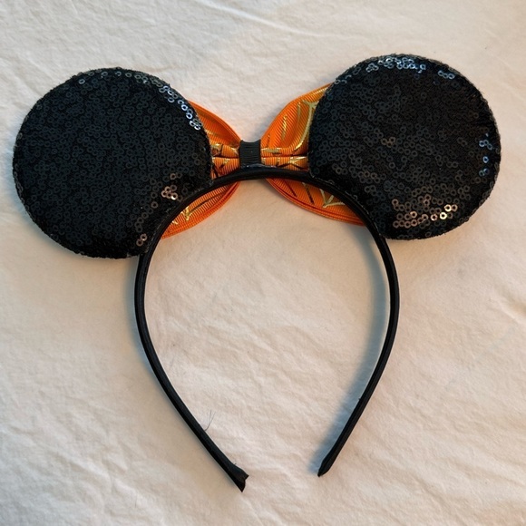 Minnie Mouse Halloween Ears w/Orange Bow & Gold Spiderwebs & Spider - Sequins - Picture 2 of 2